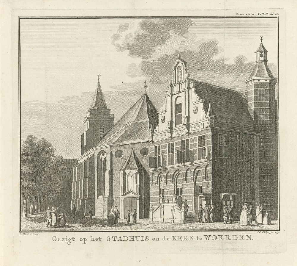 Gezicht op de kerk en het stadhuis te Woerden (1750) by Jan Caspar Philips, Cornelis Pronk and Isaak Tirion