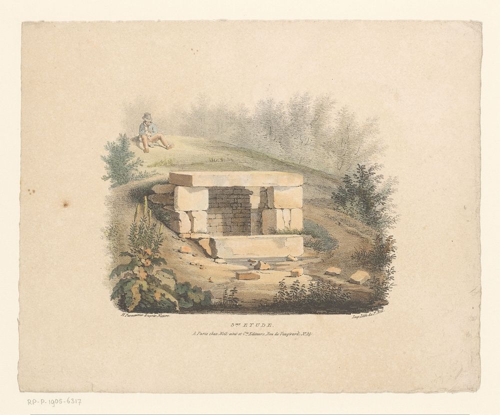 Landschap met stapel stenen en zittende man (1824 - 1827) by Henri Marie Parmentier, Henri Marie Parmentier, Francisique…