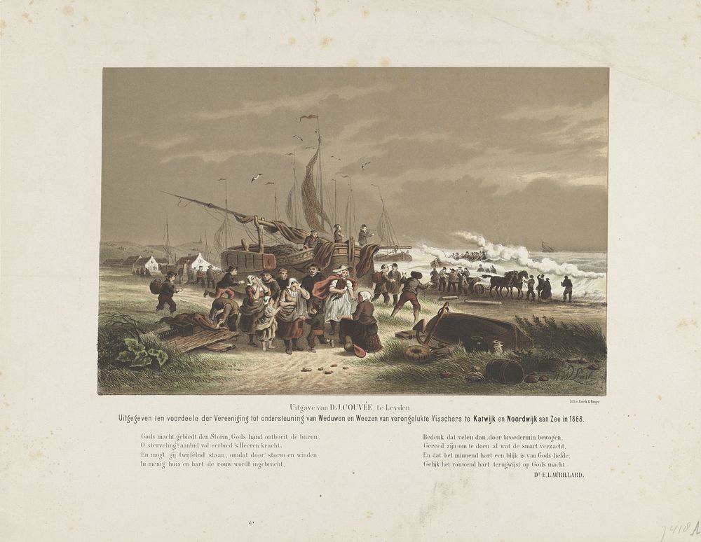 Strandgezicht met treurende vissersvrouwen, 1868 (1868) by Hendrik Wilhelmus Last, Dirk Jacobus Couvée and Eliza Laurillard