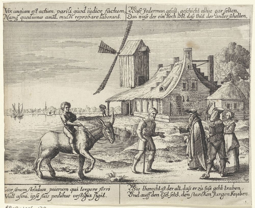Fabel van de boer en zijn ezel; De zoon van de boer zit op de ezel terwijl de boer loopt (1627 - 1628) by Wenceslaus Hollar