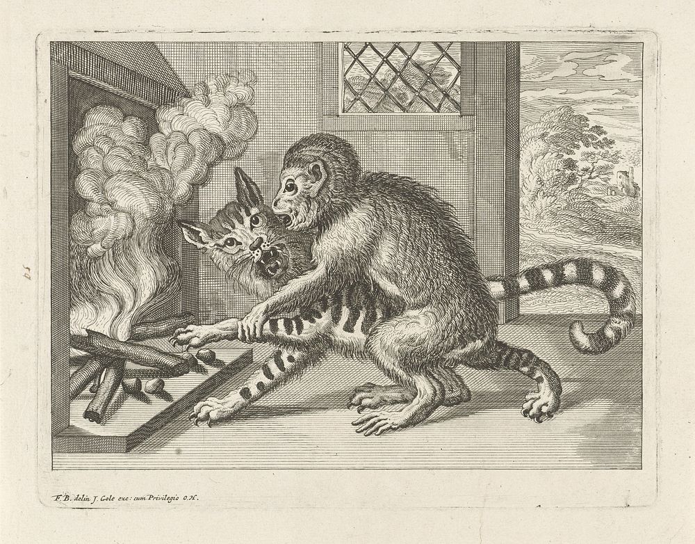 Aap dwingt een kat de kastanjes uit het vuur te halen (1680 - 1723) by Jacob Gole, Jan Griffier I, Francis Barlow, Jacob…