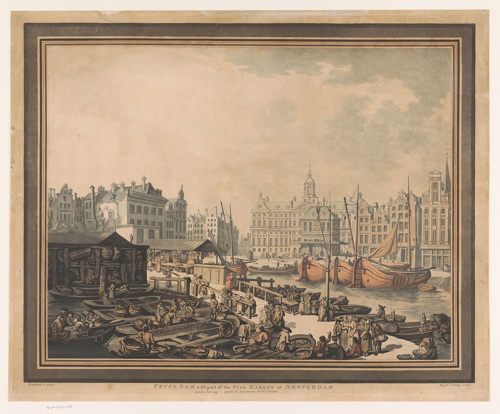 Gezicht op de vismarkt op de Dam te Amsterdam (1797) by John Henry Wright, Heinrich Joseph Schütz, Thomas Rowlandson and…