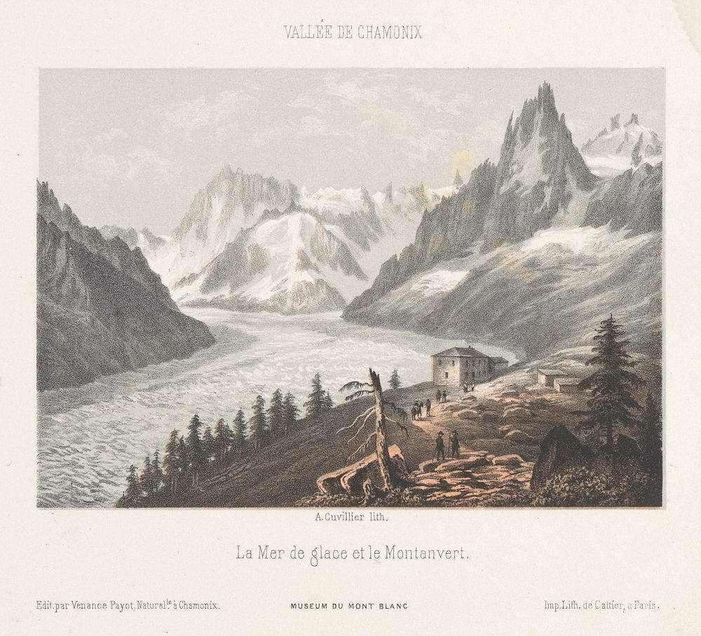 Zicht op Le Chapeau bij de gletsjer Mer-de-Glace (1858) by Ad Cuvillier, François Louis Cattier and Venance Payot
