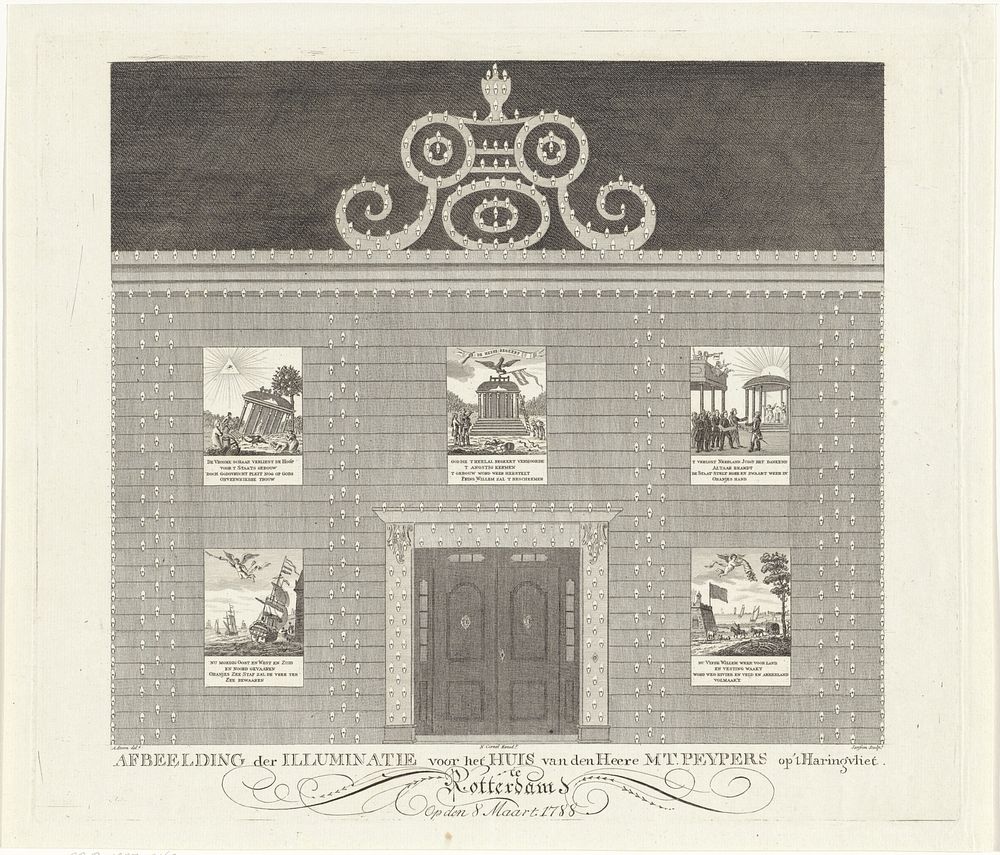 Illuminatie van het huis van M.T. Peypers te Rotterdam, 1788 (1788) by Franciscus Sansom, Adriaan Boon 1763 1802 and…