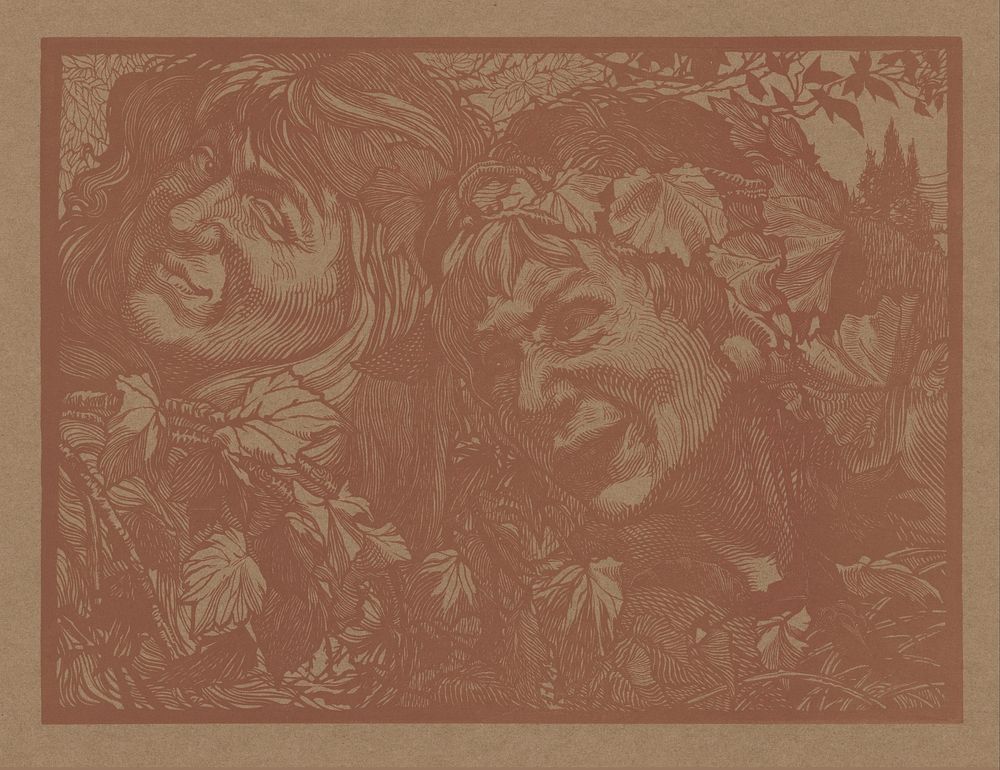 Twee bacchanten omgeven door wingerdbladeren (1881 - 1907) by Johannes Josephus Aarts