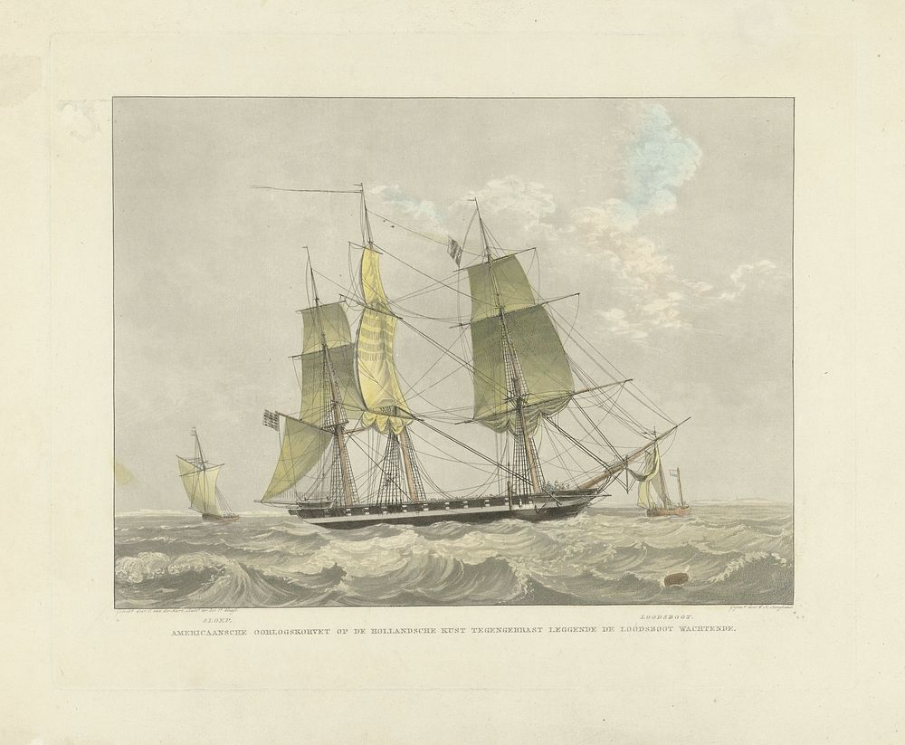 Zeilschip, sloep en loodsboot op het water (1800 - 1864) by Willem Hendrik Hoogkamer and C van der Hart Luitenant