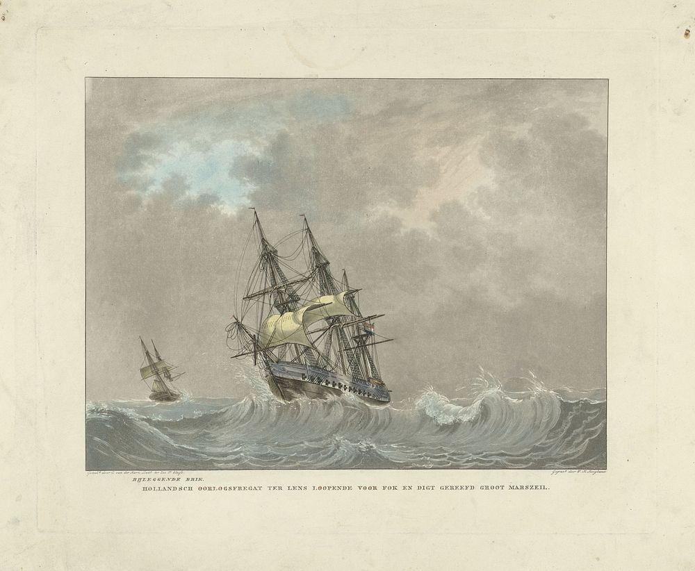 Zeilschip op hoge golven (1800 - 1864) by Willem Hendrik Hoogkamer and C van der Hart Luitenant
