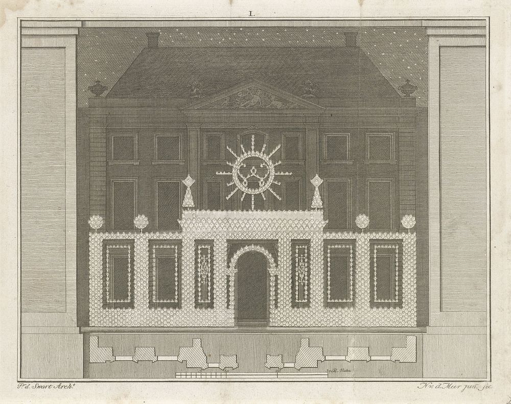 Verlichting van het huis van mevrouw Patras op het Voorhout te Den Haag, 1766 (1776) by Noach van der Meer II, Pieter de…