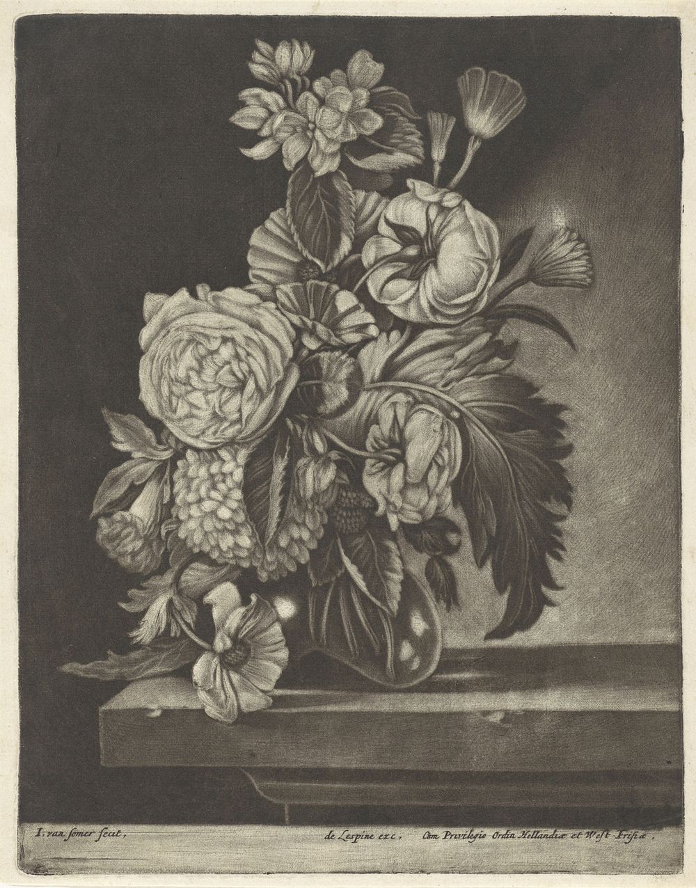 Bloemen in een glazen vaas (1675 - 1696) by Jan van Somer, Jaques Le Moine de l Espine and Staten van Holland en West…