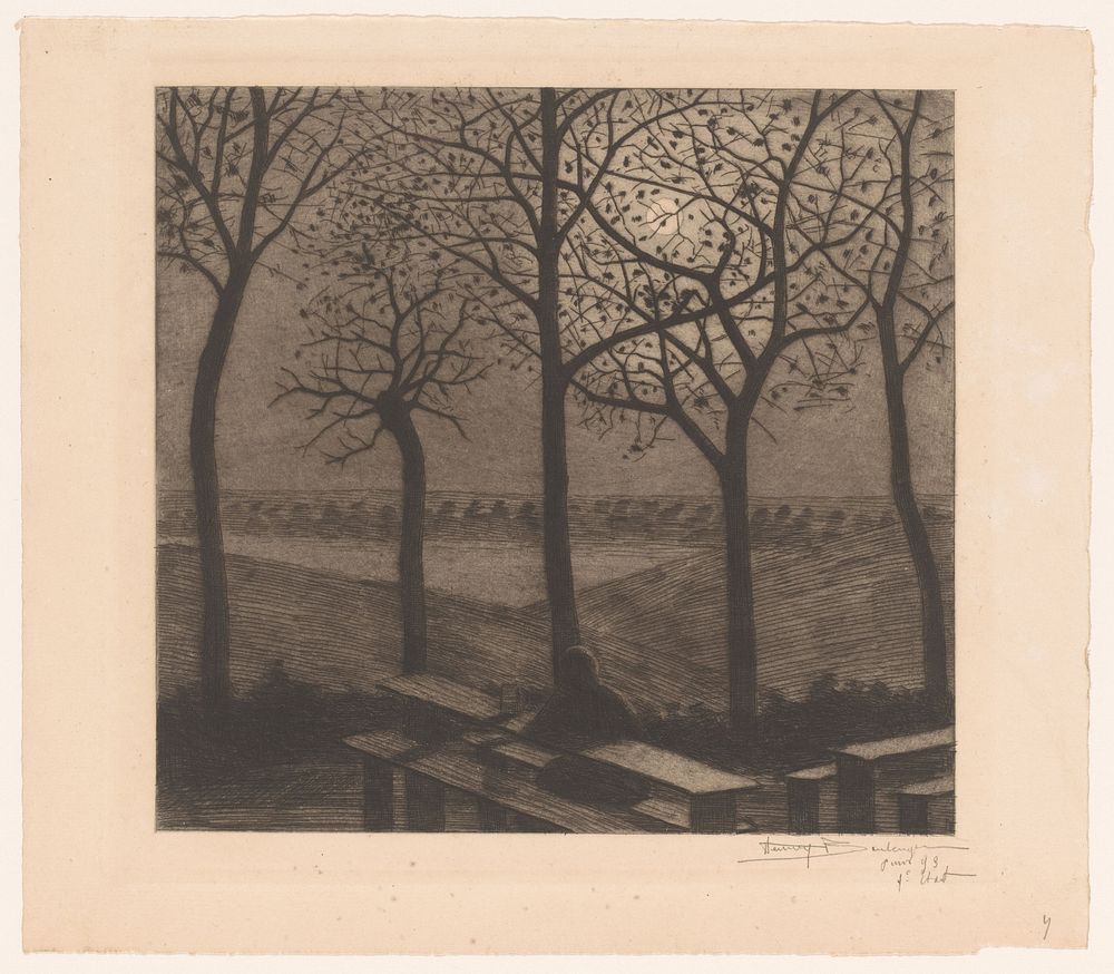 Figuur aan een picknicktafel in een door de maan beschenen landschap met kale bomen (1893) by Herman Boulenger