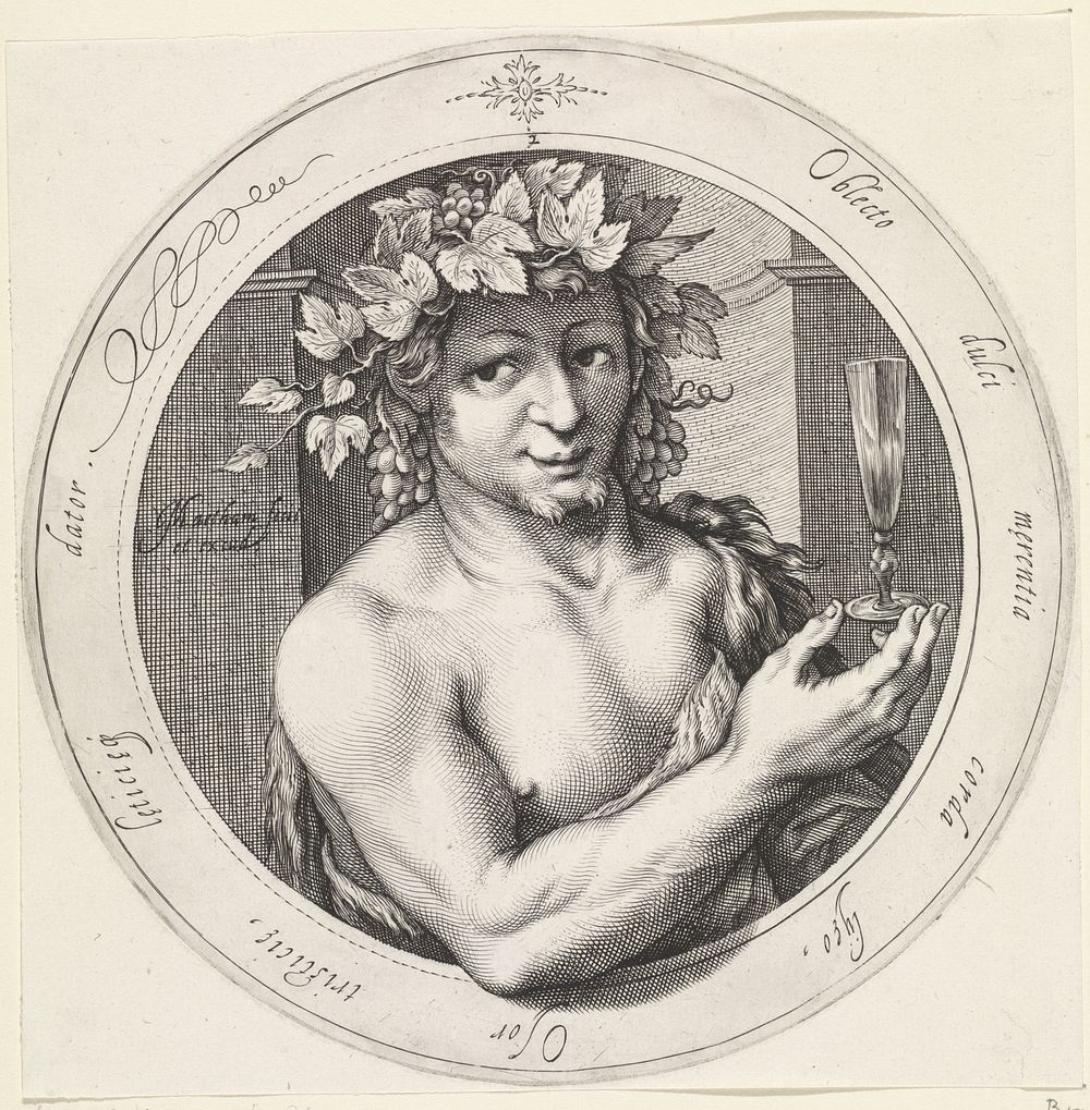 Bacchus met glas (1599 - 1600) by Jacob Matham and Jacob Matham