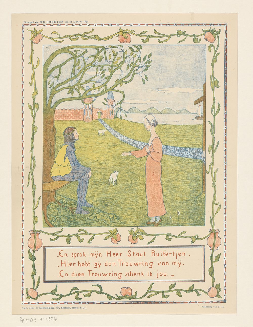 Vrouw en geharnast man in een weide met lammeren (1885) by Nelly Bodenheim and Harms and Co Ellerman