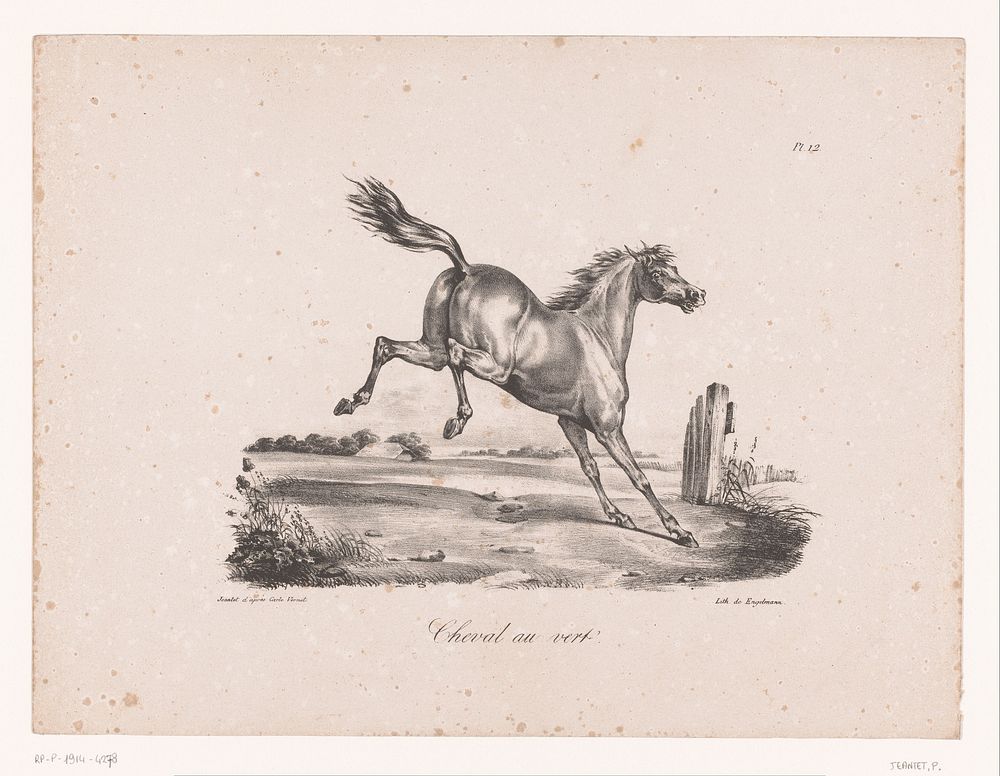 Achteruitslaand paard in een weiland (1827) by Pierre Jeantet, Carle Vernet, Gottfried Engelmann and Gottfried Engelmann