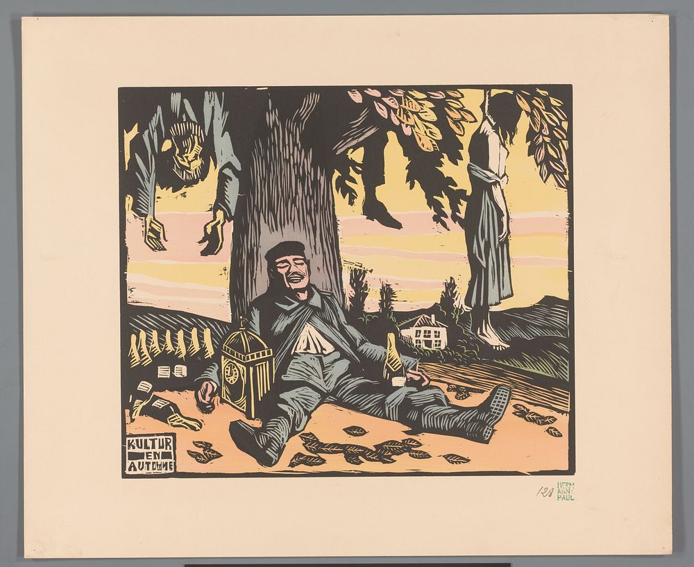 Soldaat liggend tegen een boom met opgehangen mensen (1915) by Georges Hermann Rene Paul and Dorbonainé