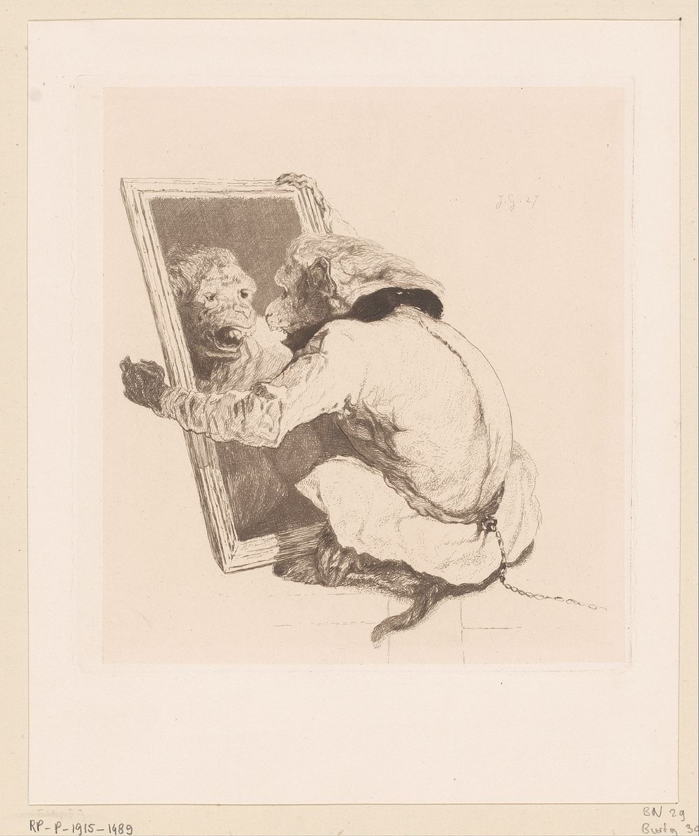 Aap met spiegel (1840 - 1870) by Jules de Goncourt