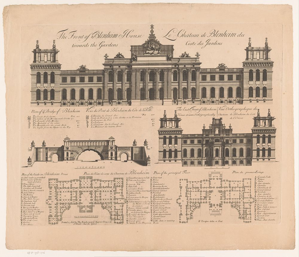 Voorgevel, brug, oostzijde en plattegronden van Blenheim Palace (c. 1724) by H Terasson, H Terasson and Thomas Bowles II