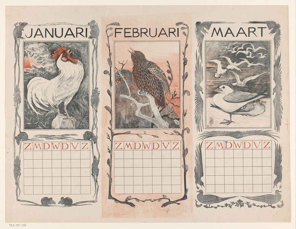 Kalenderbladen van januari, februari en maart, met vogels (1901) by Theo van Hoytema