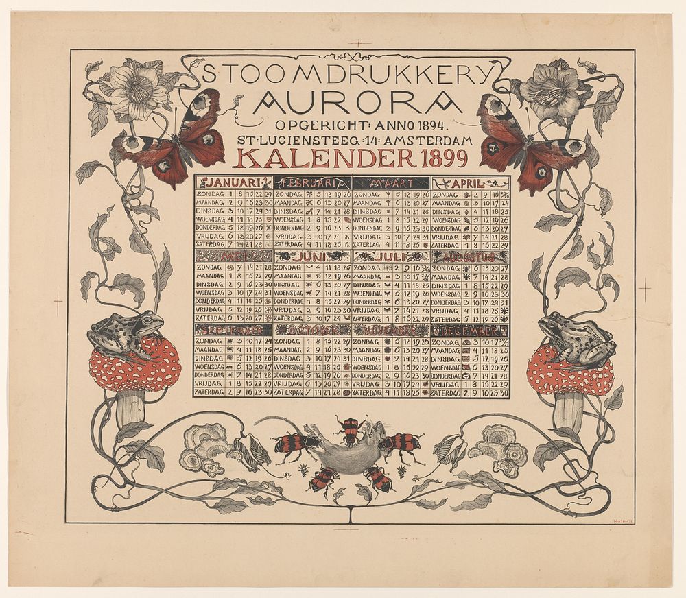 Kalender van het jaar 1899, met bloemen, insecten en kikkers (1898) by Theo van Hoytema