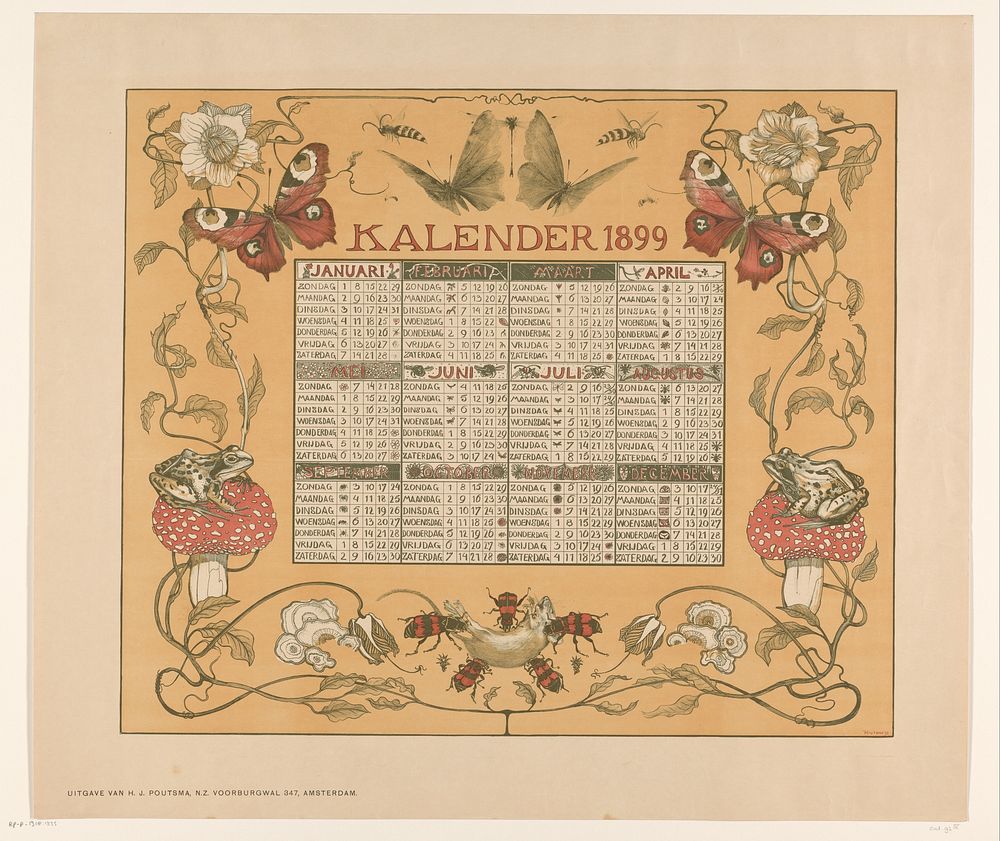 Kalender van het jaar 1899, met bloemen, insecten en kikkers (1898) by Theo van Hoytema and H J Poutsma
