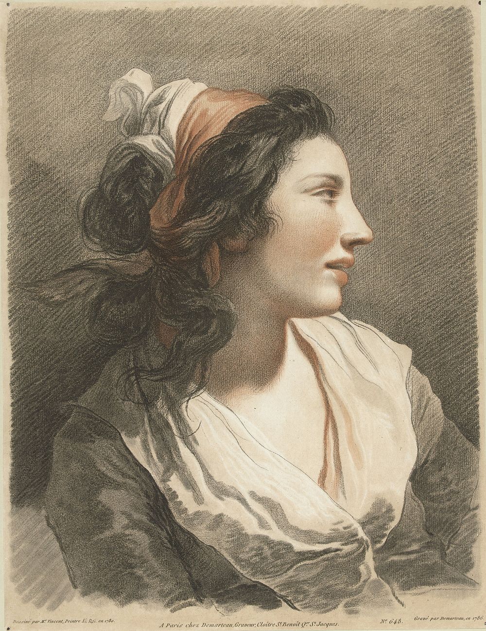 Buste van jonge vrouw met hoofddoek (1786) by Gilles Antoine Demarteau, François André Vincent and Gilles Antoine Demarteau