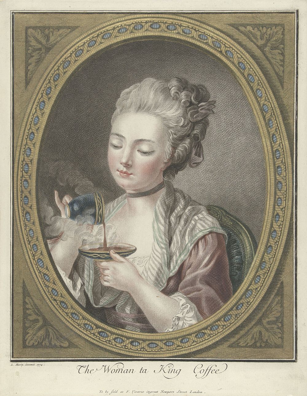 Buste van een jonge vrouw die koffie drinkt (1774) by Louis Marin Bonnet, Louis Marin Bonnet and François Vivares