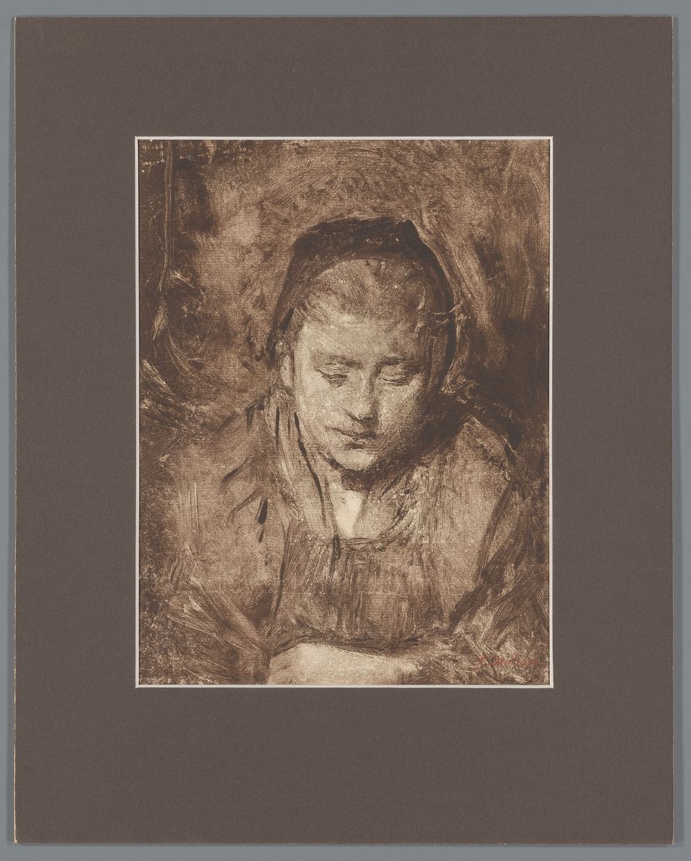 Portret van onbekende jonge vrouw met kapje, naar beneden kijkend (1877 - 1915) by Frans Deutmann