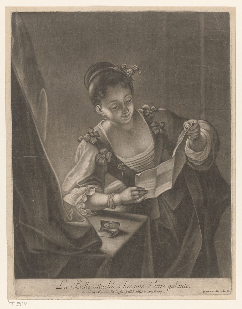 Brieflezende jonge vrouw (1731 - 1740) by Michael Schnell and Gottlieb Heiss I