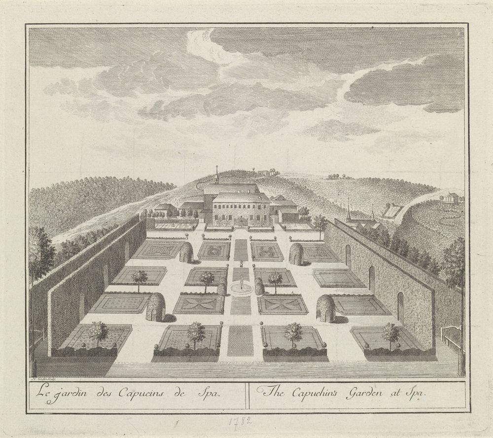 Gezicht op de tuin van het Kapucijnenklooster in Spa (1778 - 1782) by Henri Joseph Godin