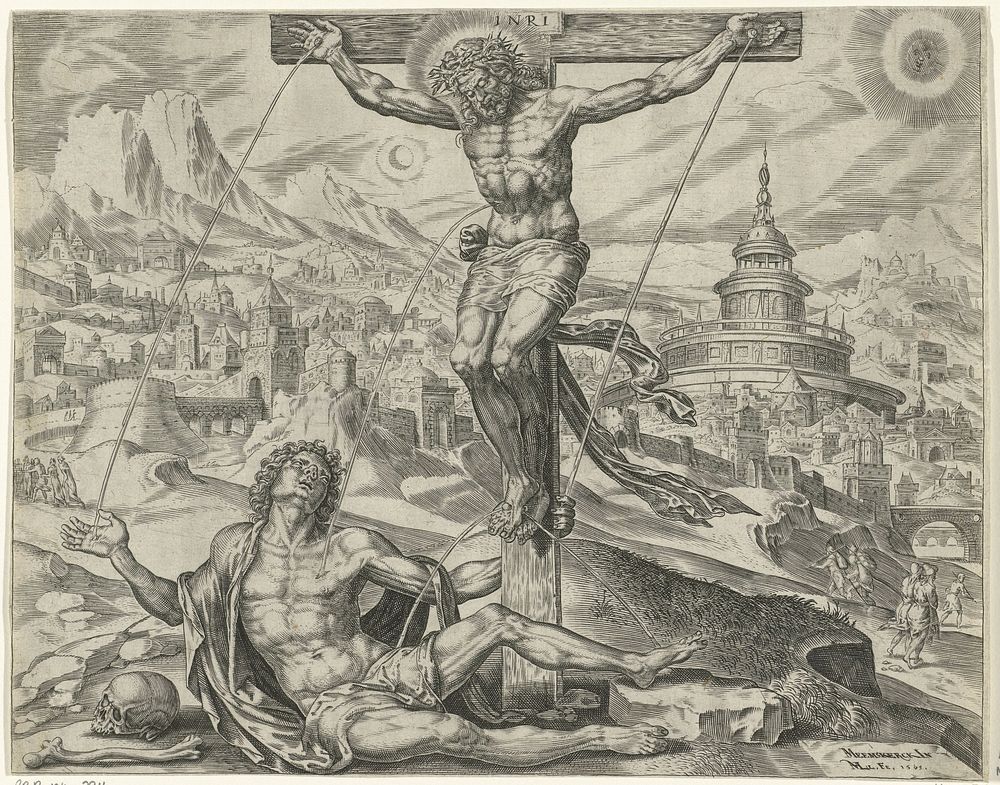 De gewonde Mens genezen door Christus' bloed (1565) by Harmen Jansz Muller, Maarten van Heemskerck and Hadrianus Junius
