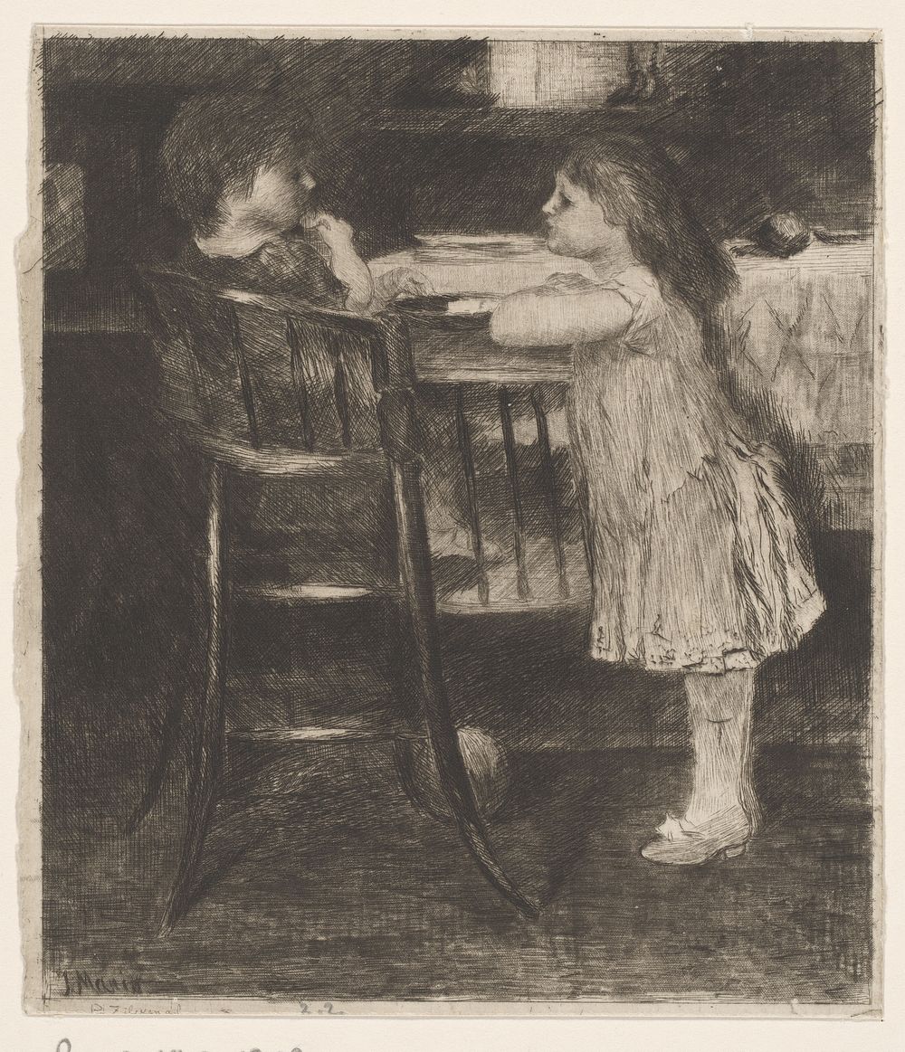 Peuter in een kinderstoel met een meisje daarop leunend (1867 - 1890) by Philip Zilcken and Jacob Maris