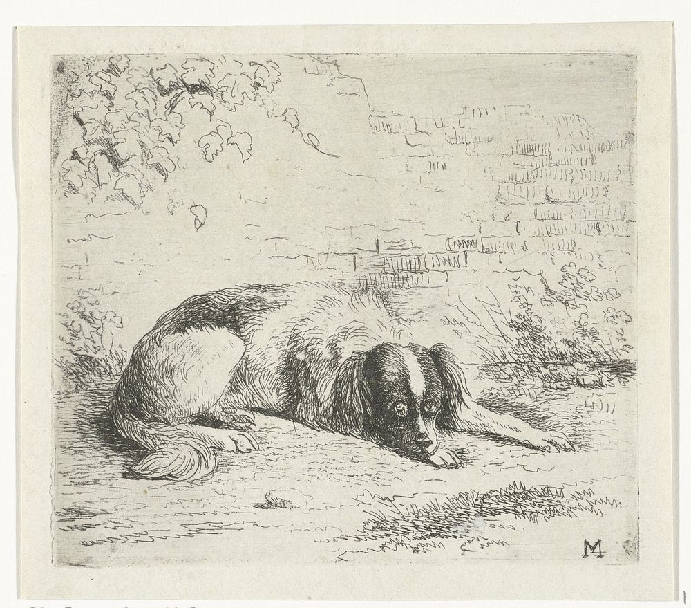 Liggende hond voor een muurtje (1811 - 1867) by Christiaan Wilhelmus Moorrees and Christiaan Wilhelmus Moorrees
