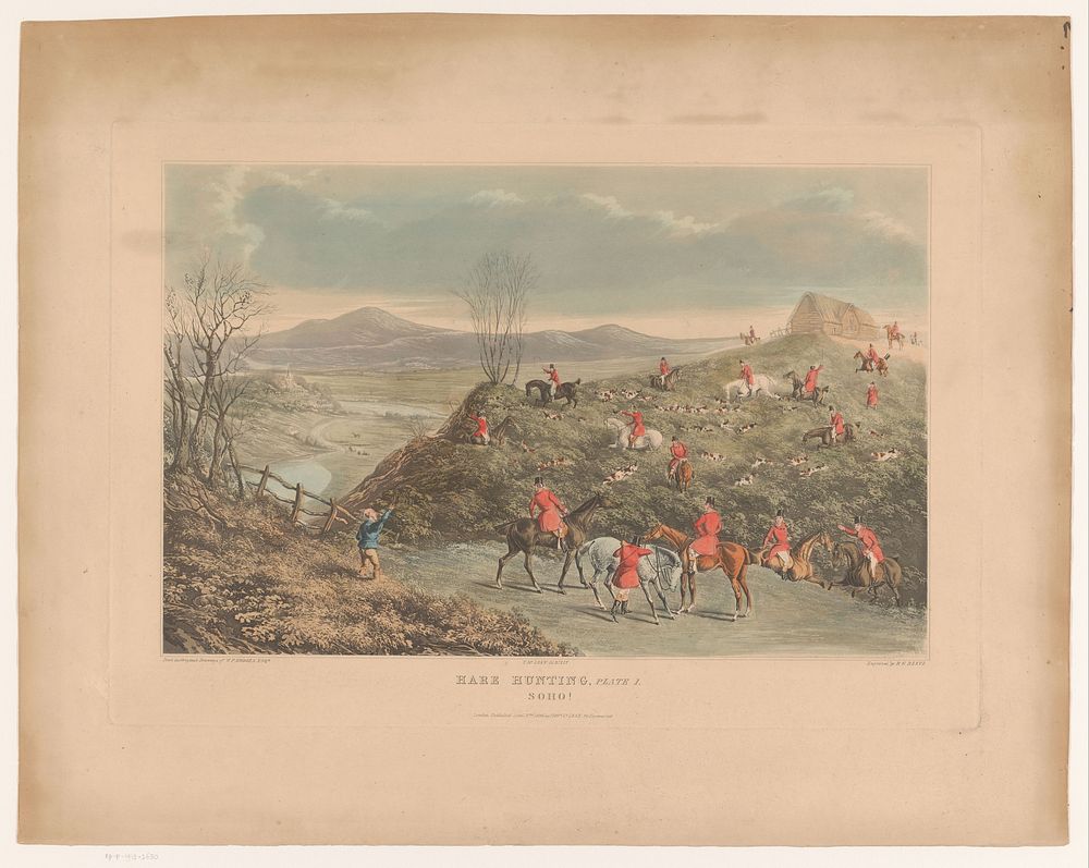 Heuvelachtig landschap met jagers en honden in een veld op hazenjacht (1836) by Richard Gilson Reeve, Walter Parry Hodges…