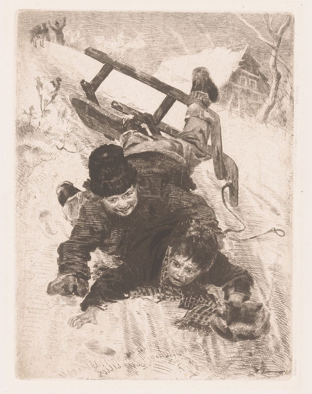 Twee jongens vallen van een slede (1887) by Wilhelm Carl August Zimmer