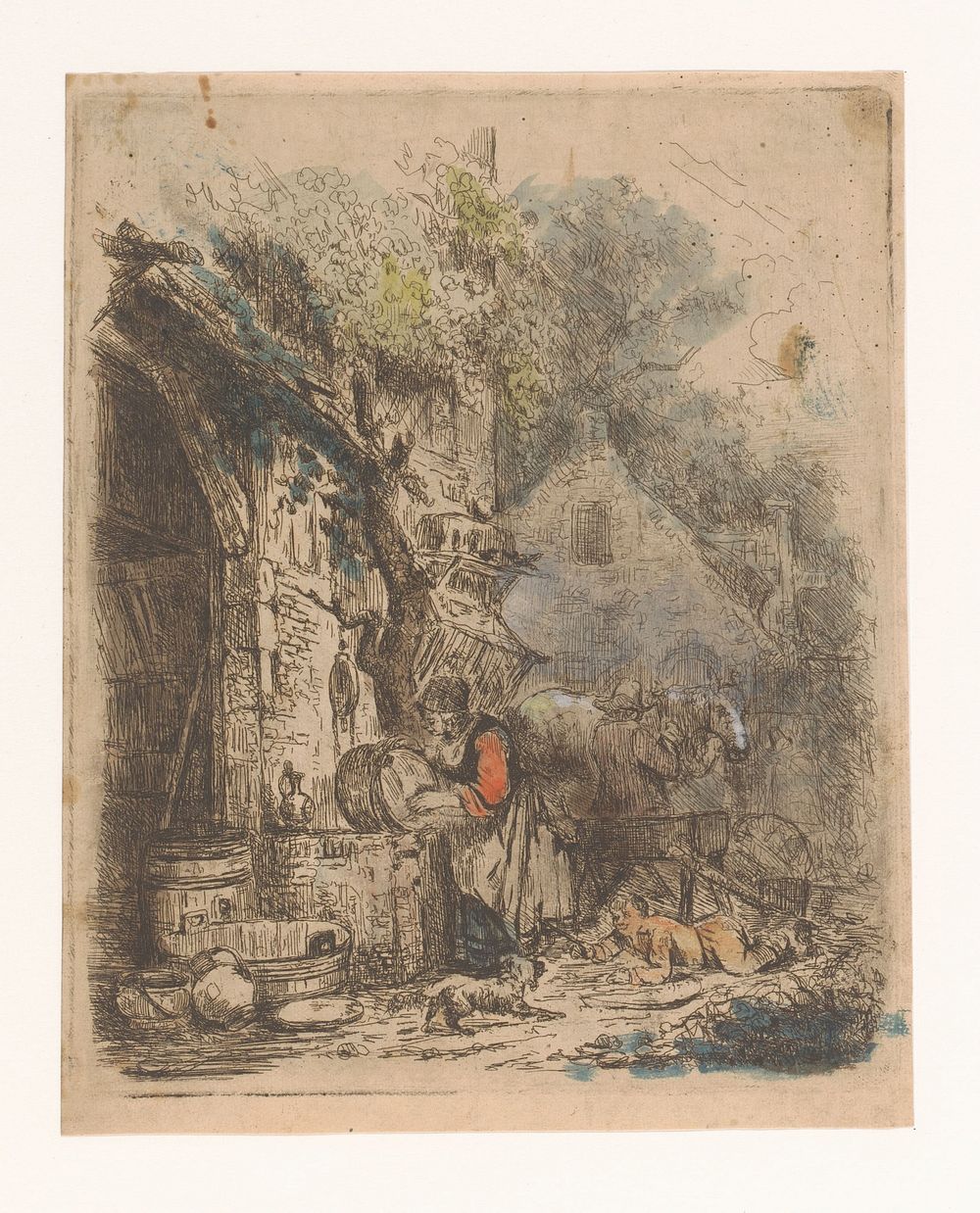 Straatgezicht met vrouw die een ketel schuurt (1847) by Adrien Joseph Verhoeven Ball
