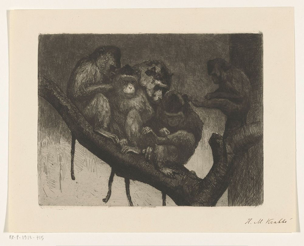 Vijf apen in een boom (1878 - 1913) by Heinrich M Krabbé
