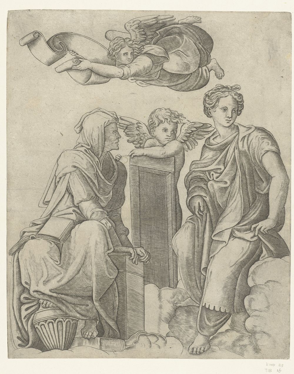 Twee sibyllen en engel en putto (1511 - 1520) by Giovanni Antonio da Brescia and Rafaël
