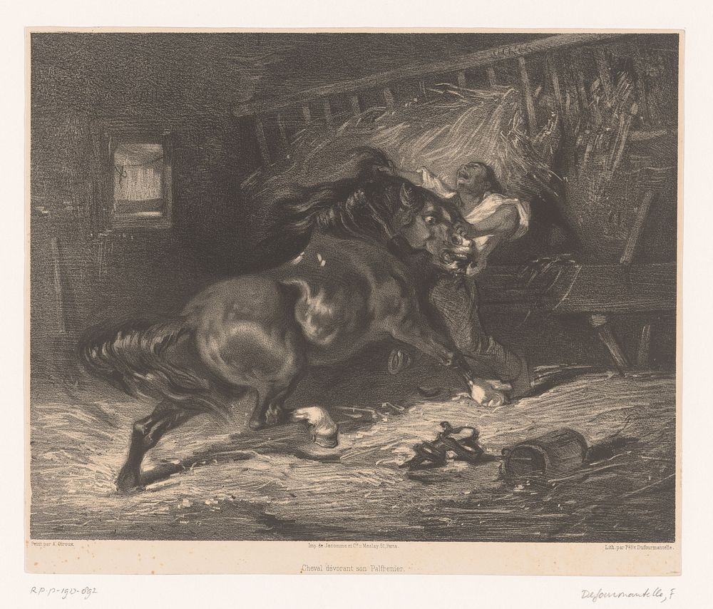 Paard valt zijn verzorger aan (1853 - 1859) by Félix Dufourmantelle, Achille Giroux and Jacomme and Cie
