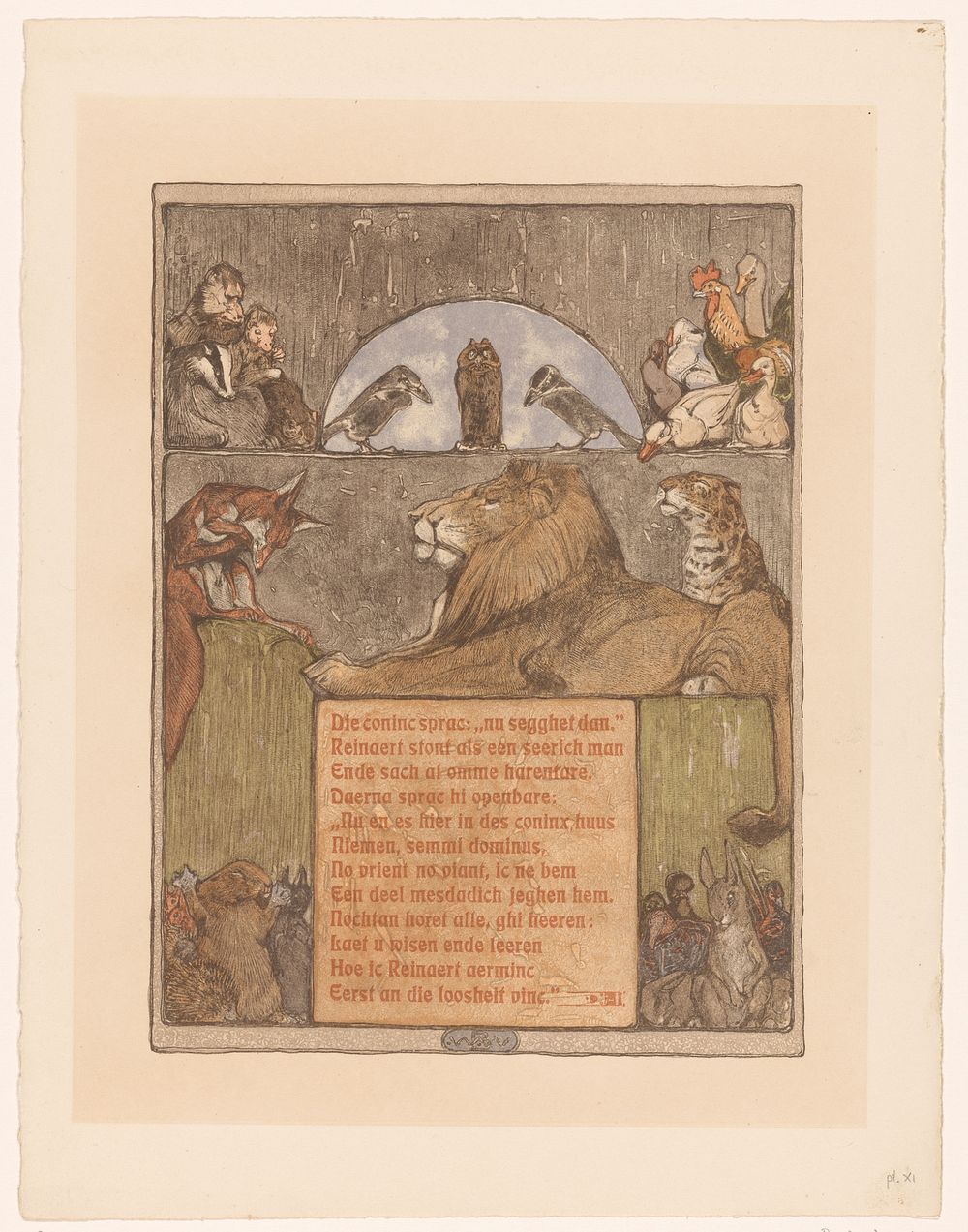 Vos (Reinaert) voor leeuw (Nobel) en andere dieren in tribunaal (1910) by Bernard Willem Wierink