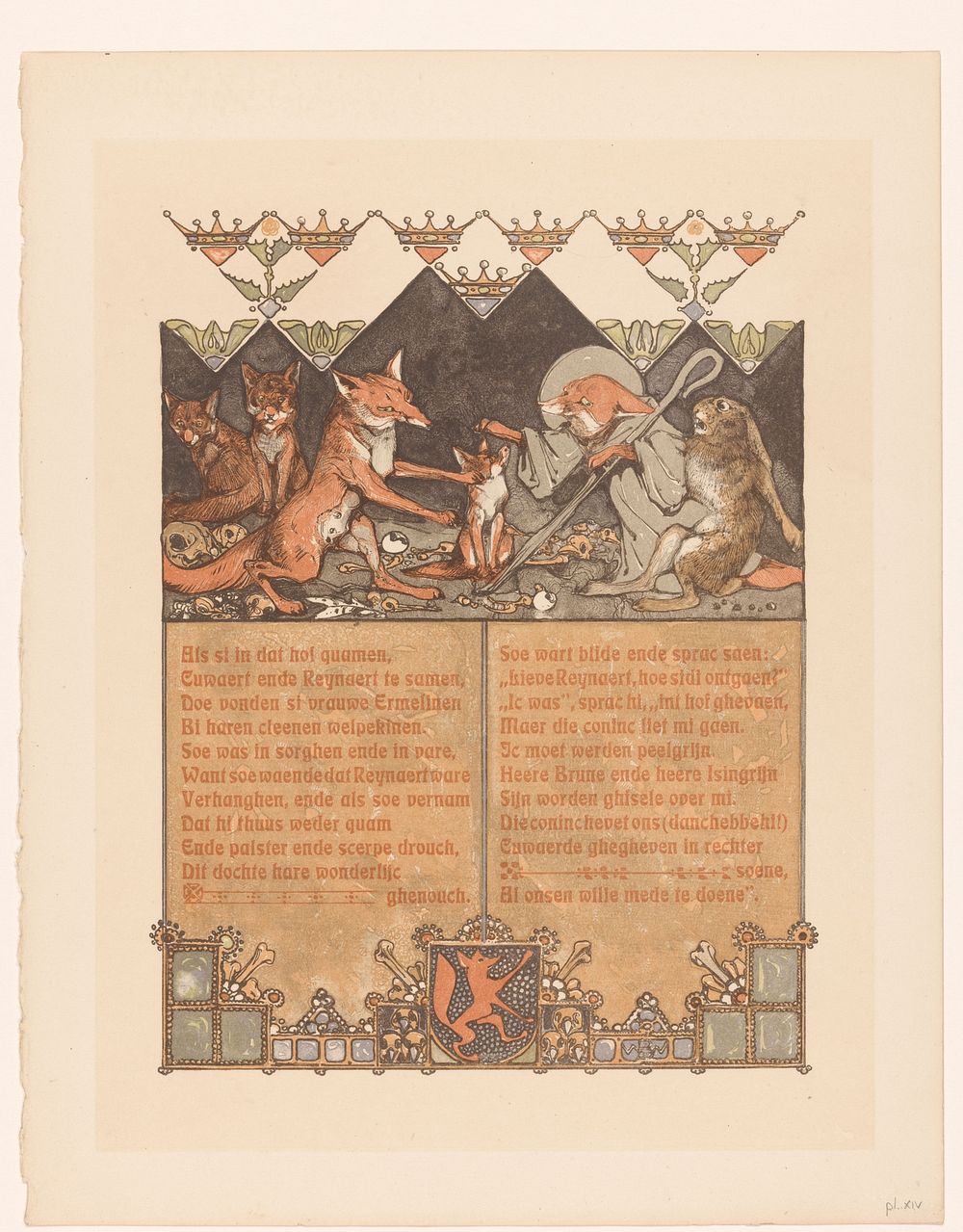 Vos in monnikspij (Reinaert) met haas (Cuwaert) bij vossin (Hermeline) en welpen in vossenhol (1910) by Bernard Willem…