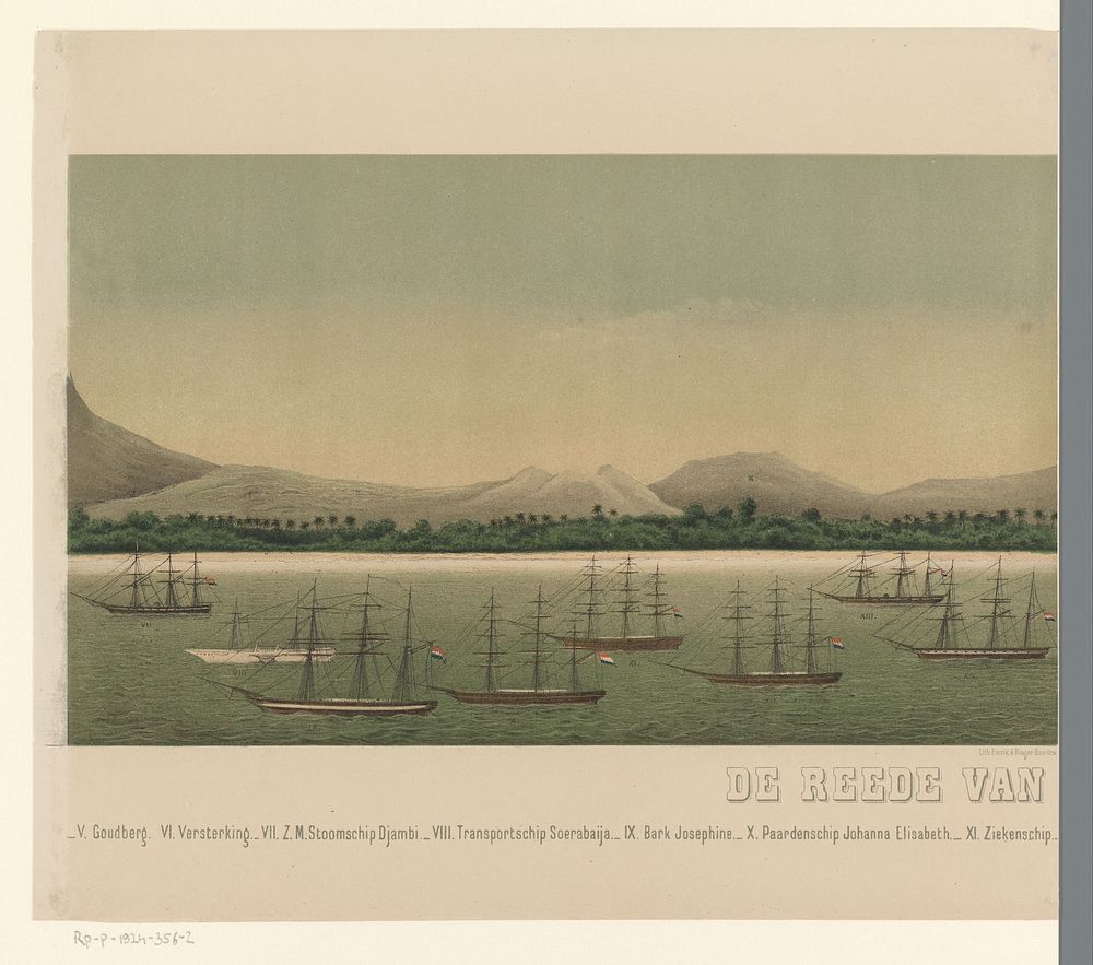 Gezicht op de kust van Groot-Atjeh, met voor de kust de vloot van de Eerste Atjeh-expeditie, tweede deel (1873) by C A…