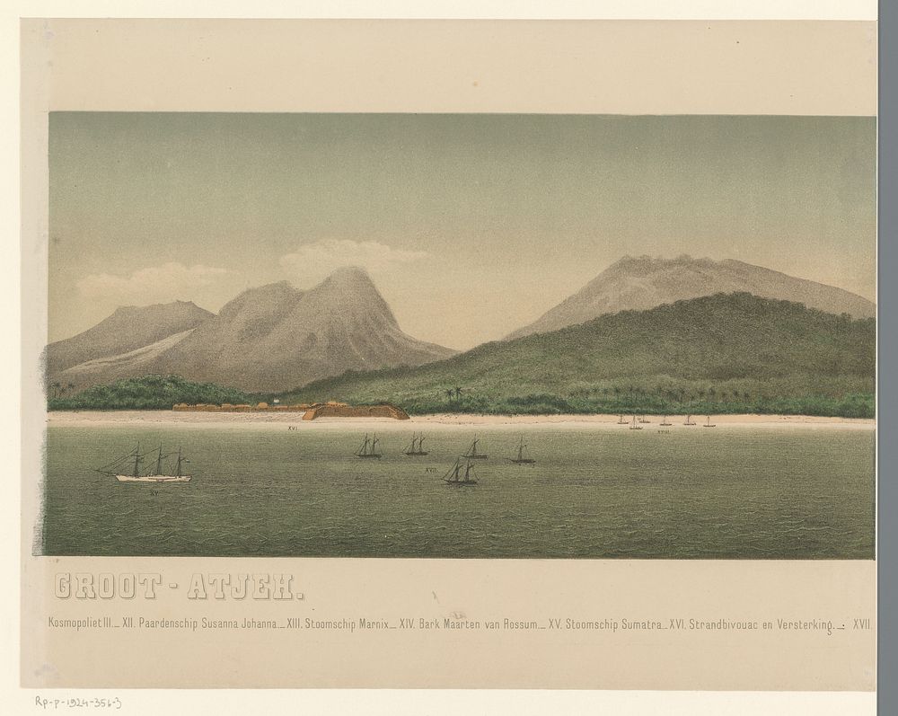 Gezicht op de kust van Groot-Atjeh, met voor de kust de vloot van de Eerste Atjeh-expeditie, derde deel (1873) by C A…