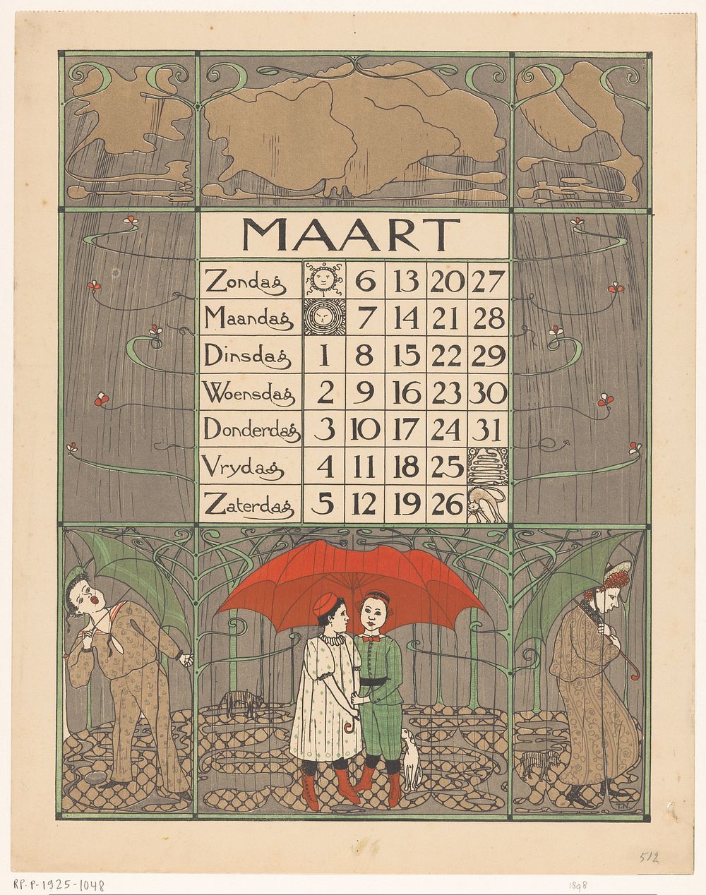 Kalenderblad voor maart 1898 (1897) by Theo Nieuwenhuis and Scheltema and Holkema s Boekhandel