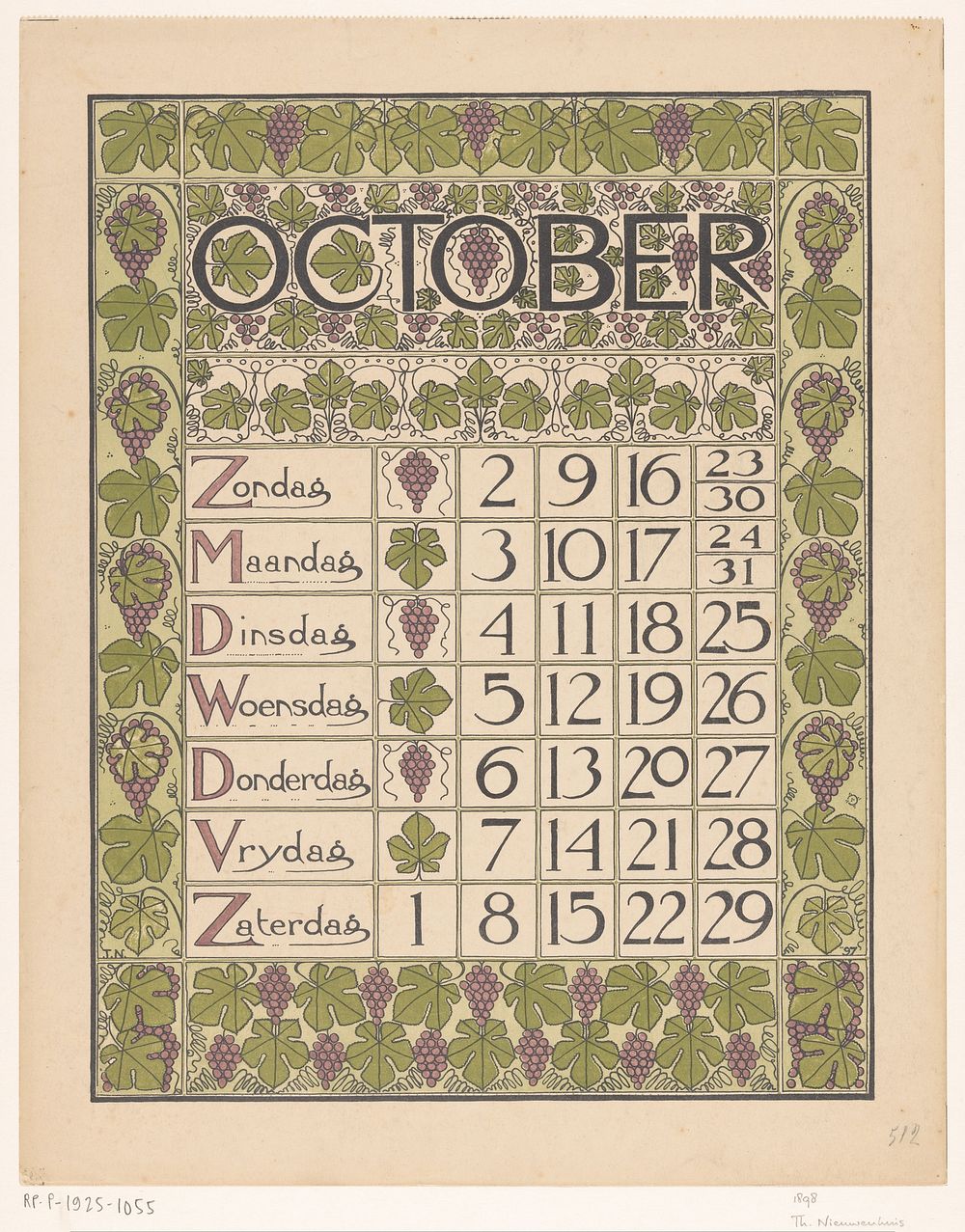 Kalenderblad voor oktober 1898 (1897) by Theo Nieuwenhuis and Scheltema and Holkema s Boekhandel