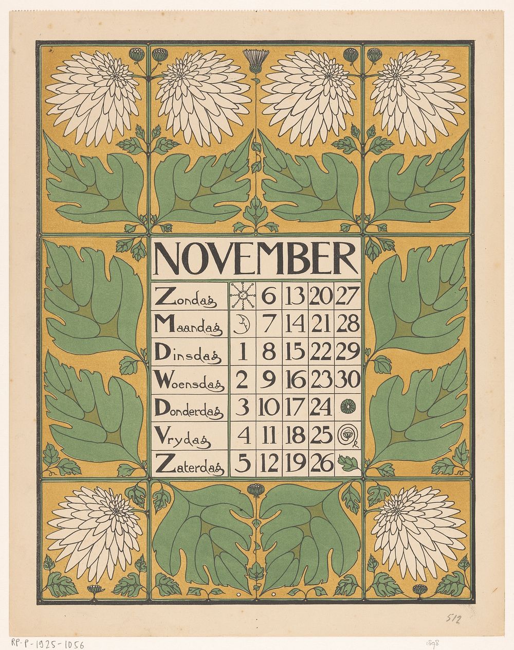 Kalenderblad voor november 1898 (1897) by Theo Nieuwenhuis and Scheltema and Holkema s Boekhandel