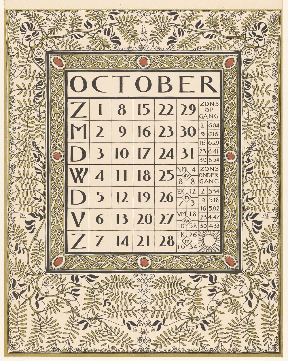 Kalenderblad voor oktober 1899 (1898) by Gerrit Willem Dijsselhof and Gerrit Willem Dijsselhof