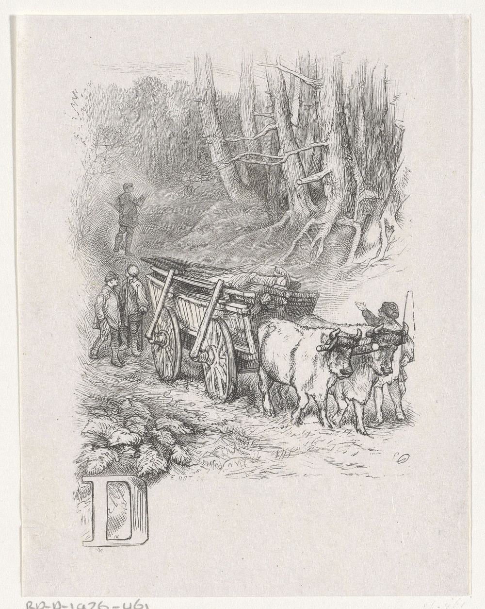 Letter D en een landschap met vier mannen en een ossenwagen (1856 - 1926) by Emil Ost and Charles Rochussen