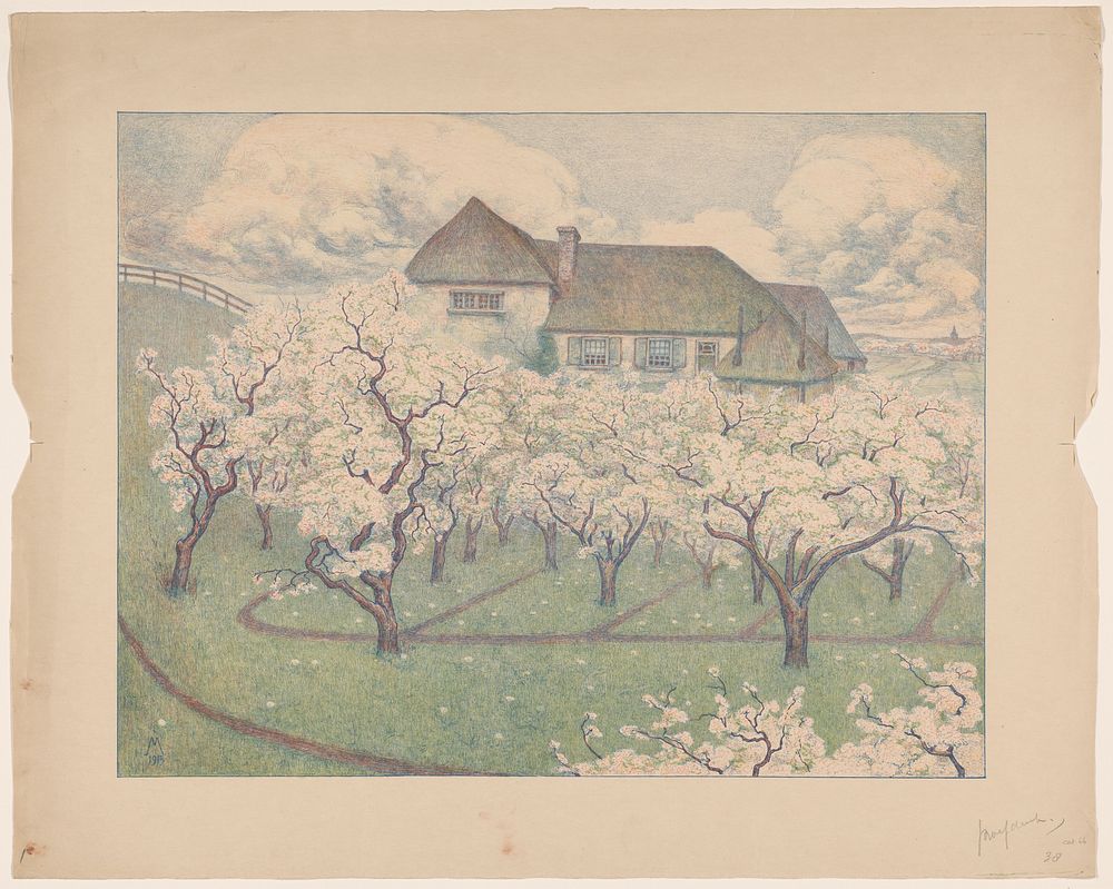 Boerderij met boomgaard in bloei (1915) by Simon Moulijn