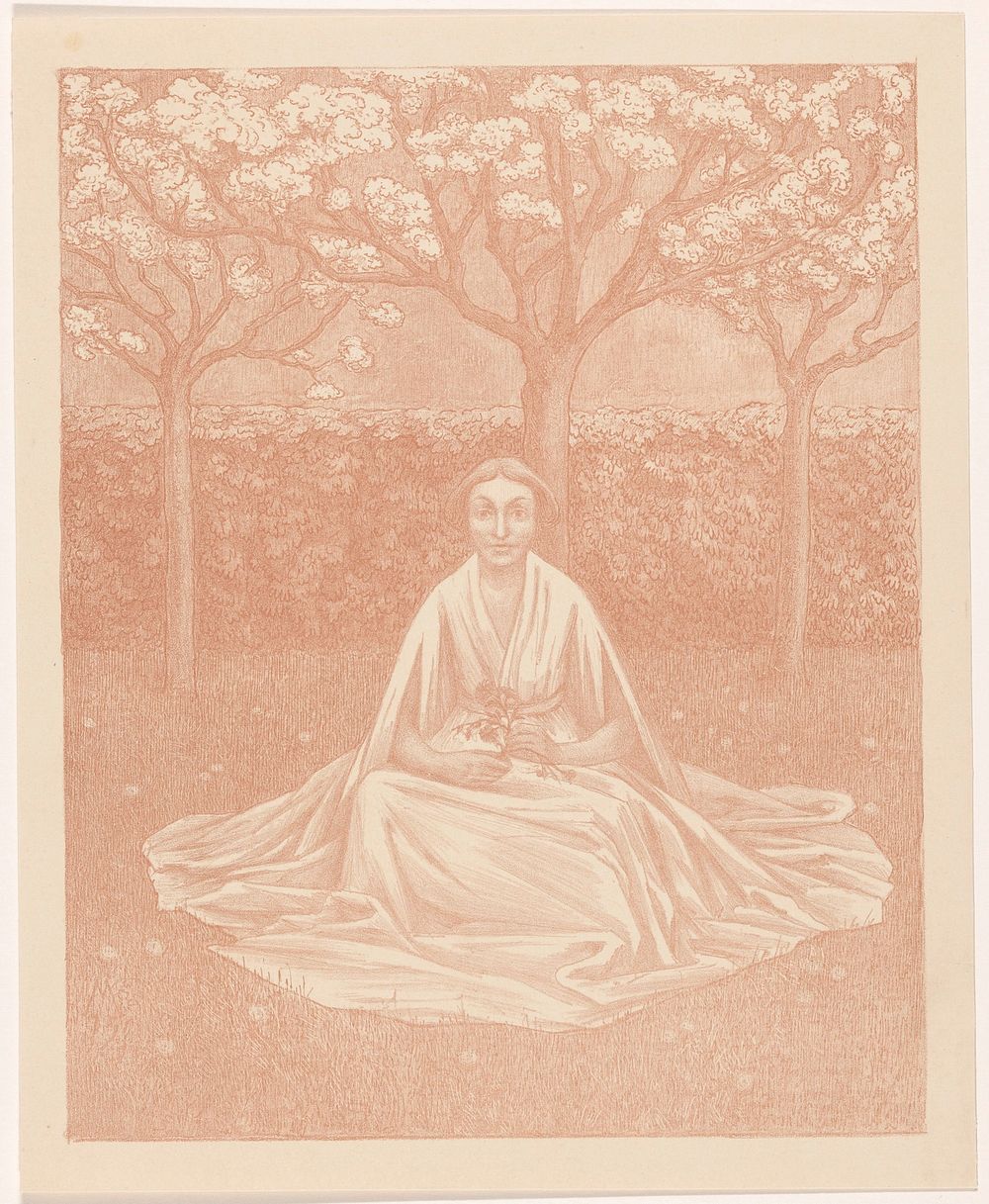 Vrouw met jurk zittend in grasveld (1915) by Simon Moulijn