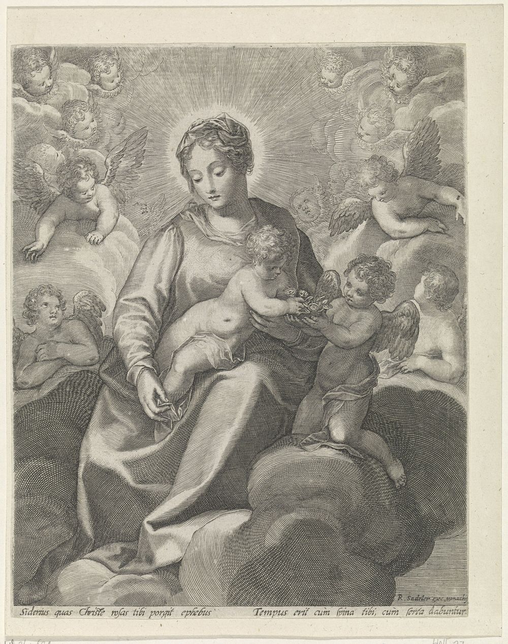 Maria met het Christuskind in de wolken (1593 - 1632) by Raphaël Sadeler II, Raphaël Sadeler I and Raphaël Sadeler II
