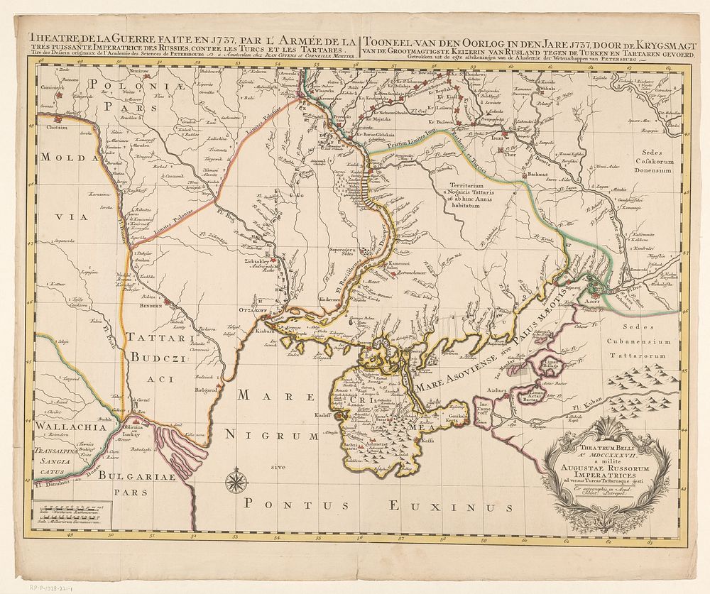 Kaart van Zuidoost-Europa en de Krim tijdens de Russisch-Turkse Oorlog (1735-1739) (in or after c. 1737) by anonymous and…
